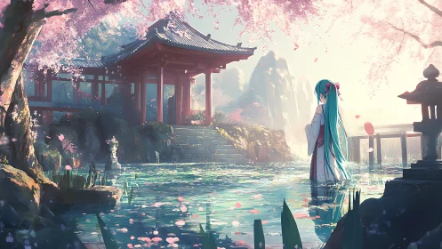 Cherry blossom shrine dream with teal-haired river wanderer.