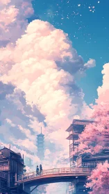 Towering clouds rise above pastel city bridge at dusk.