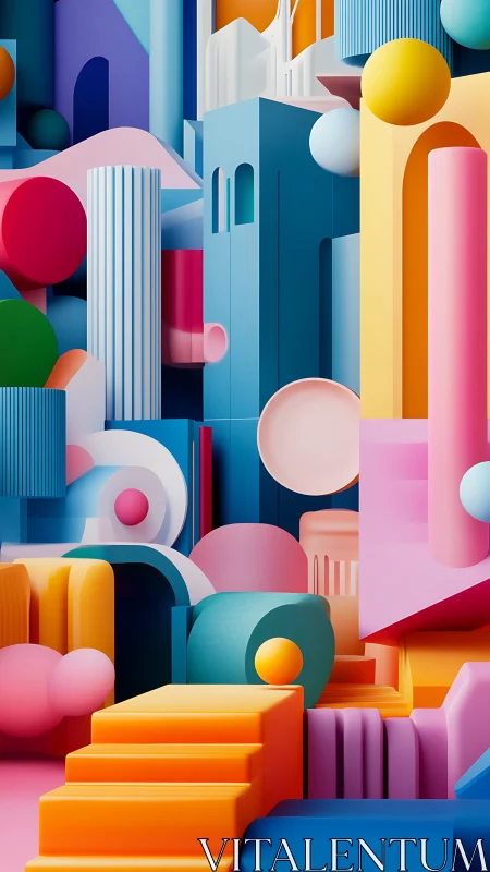 Candy-colored geometric cityscape stacked in playful layers.