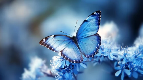 Blue butterfly rests on cool-toned blossoms in soft focus