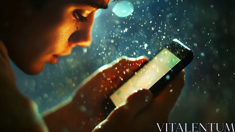 Rainlit gaze over glowing phone in a storm of pixels.