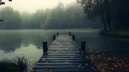 Mist-laden lakeside pier stretching into tranquil forest twilight.
