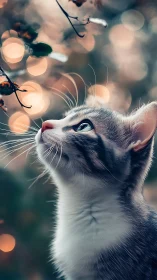 White Cat Gazing Upward. Bokeh Lights Surround.