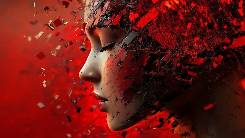 Shattered red portrait captures dissolving digital human face