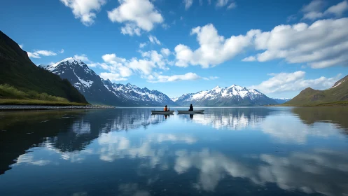 Silent boats drift under cloud-mirrored alpine guardians.