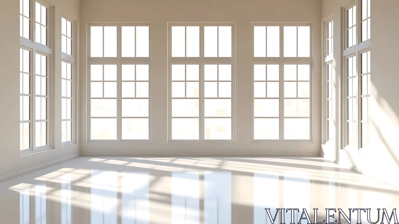 Sunlit empty room with tall grid windows and reflections.