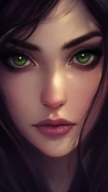 Emerald-eyed woman gazes forward in soft digital portrait.