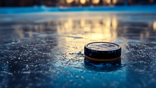 Lone hockey puck waits on sunrise-scratched outdoor ice.