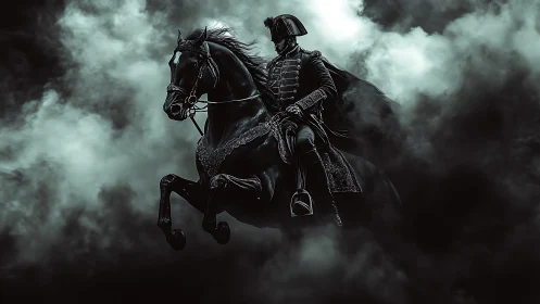 Dark cavalry officer on rearing horse in stormy smoke
