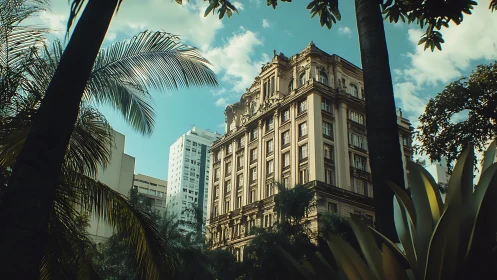 Sunlit heritage tower framed by tropical city jungle.