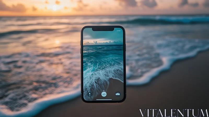 Floating phone frames sunset surf in dreamy seashore portal.