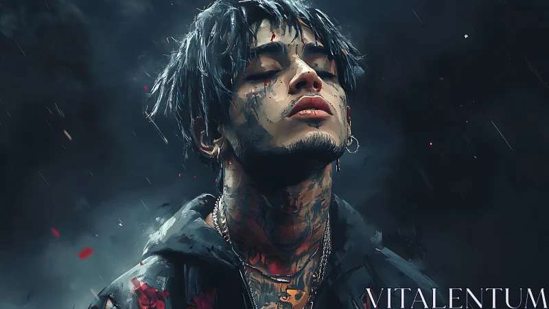 Brooding tattooed dreamer in rain-soaked midnight calm.