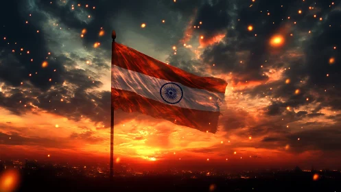 Fiery sunset sky crowns the Indian flag with glowing embers.