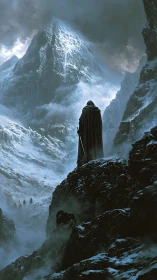 Lone wanderer defies a storm-crowned, icebound mountain peak.