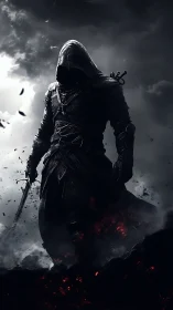 Dark hooded warrior strides through storm and embered ruin