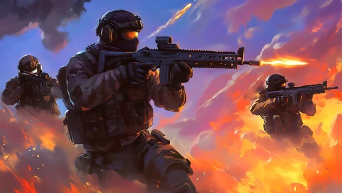 Stormlit strike team racing through a sky of muzzle-flare fire.