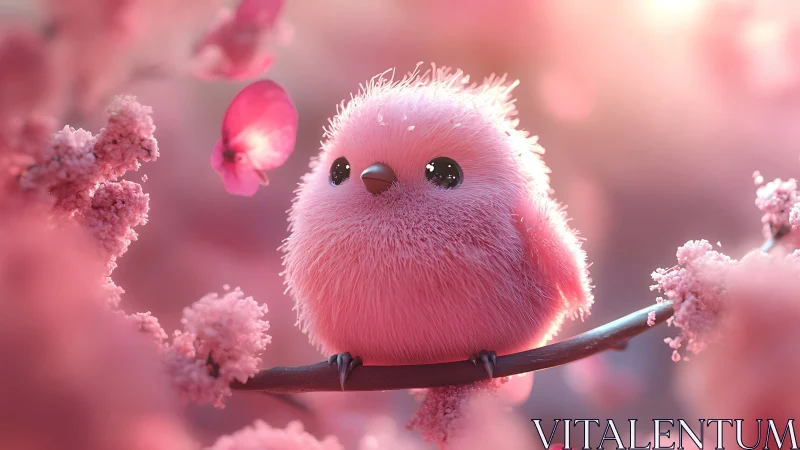 Pink puffball songbird perches in a haze of cherry light