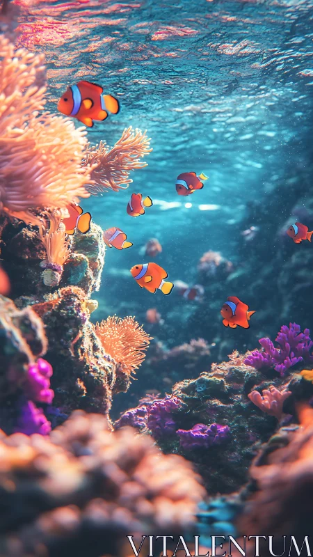 Clownfish school traverses coral reef under refracted surface light