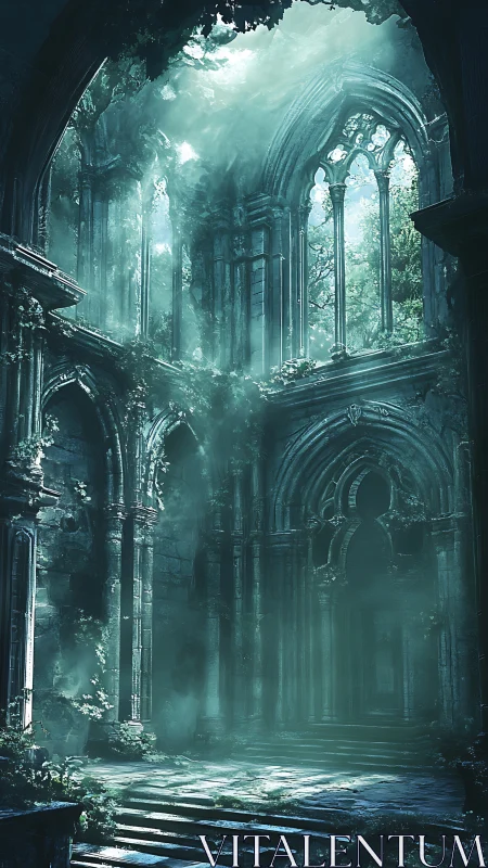 Volumetric light in overgrown gothic ruin atrium interior.