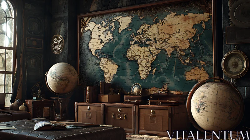 Cartographic study chamber with vintage globes and world map.