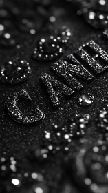 Crystalline Typography Embedded in Granular Black Surface Matrix.