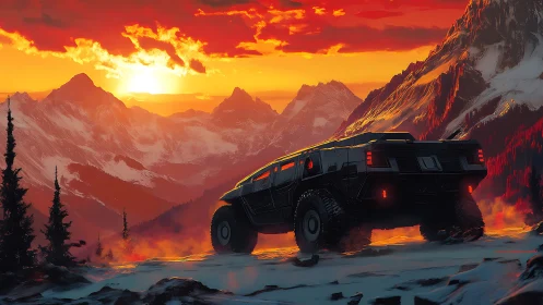 Armored offroad rover under fiery alpine sunset sky
