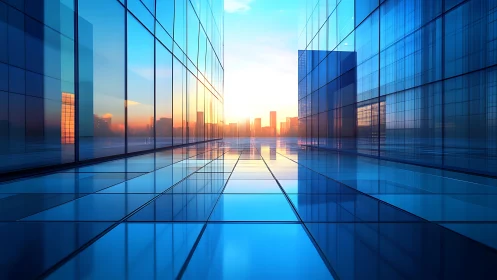 Modern Glass Corridor with Urban Skyline Reflection at Sunset