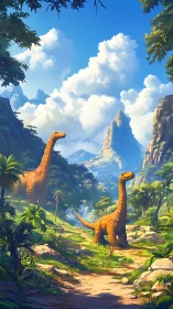 Cartoon sauropod dinosaurs roaming lush valley landscape.