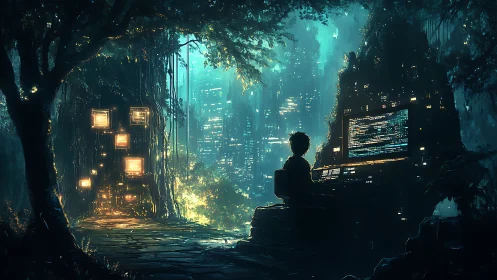 Forest coder integrates neon city signals with glowing console.