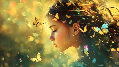 Girl in side profile surrounded by glowing butterflies.