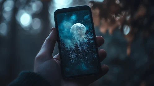 Moonlit forest glows through smartphone in misty twilight