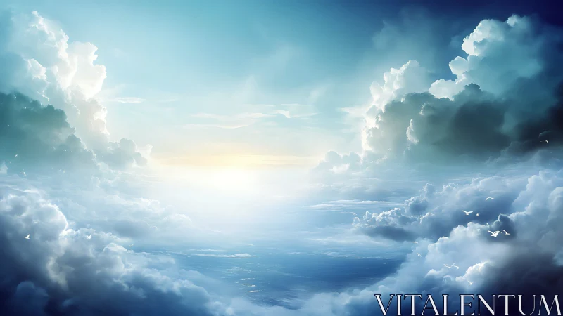 Luminous cloudscape over tranquil horizon sky ocean.