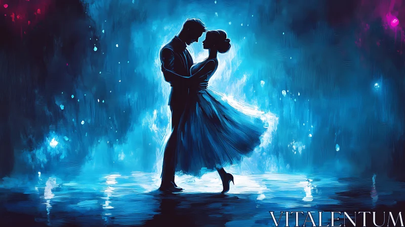 Luminescent Silhouette Choreography: Dynamically Lit Embracing Figures.