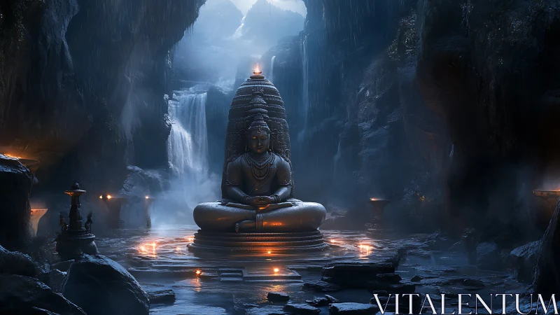 Cave-born Buddha glows in misty waterfall sanctuary.