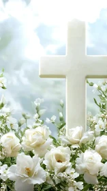 Luminous white cross rising from clouds of serene blossoms.