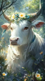 Gentle white cow in a flower crown glowing in forest light.