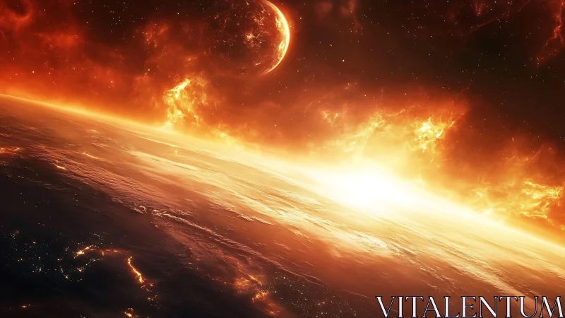 Solar inferno kisses a burning world at apocalyptic dawn.