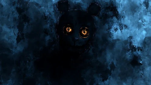 Nocturnal bear silhouette with glowing eyes in blue fog