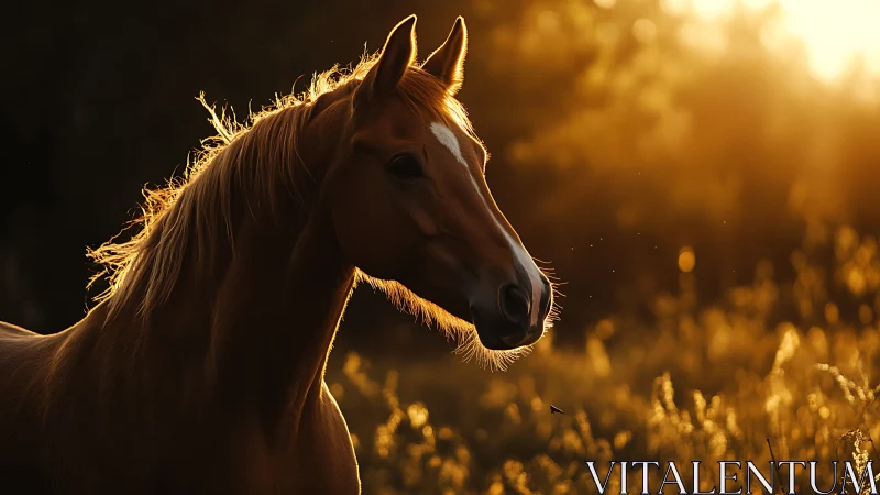 Chestnut horse profile is backlit in low evening sunlight