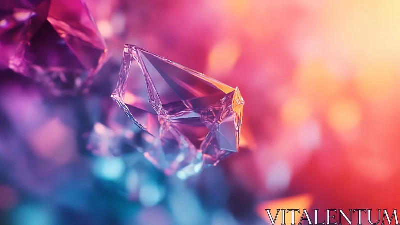 Iridescent crystal shard glows amid blurred neon bokeh field