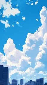 Cumulus cloudscape rendered above low-rise city skyline in anime style