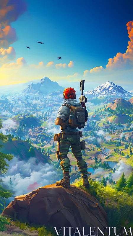 Solo ranger surveys vivid mountain battle landscape.