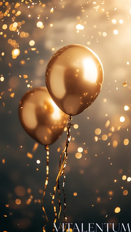 Metallic balloons suspended with bokeh light particles in warm tones