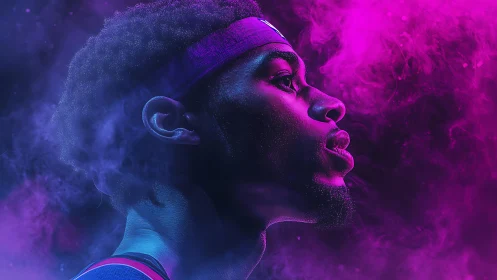 Neon-lit athlete profile emerges through electric color haze