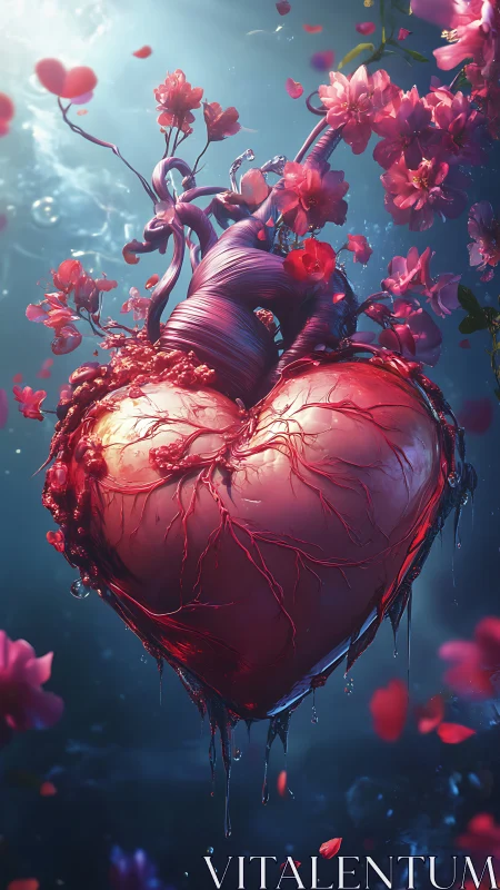 Digital Heart with Blooming Flowers in Ethereal Blue Sky