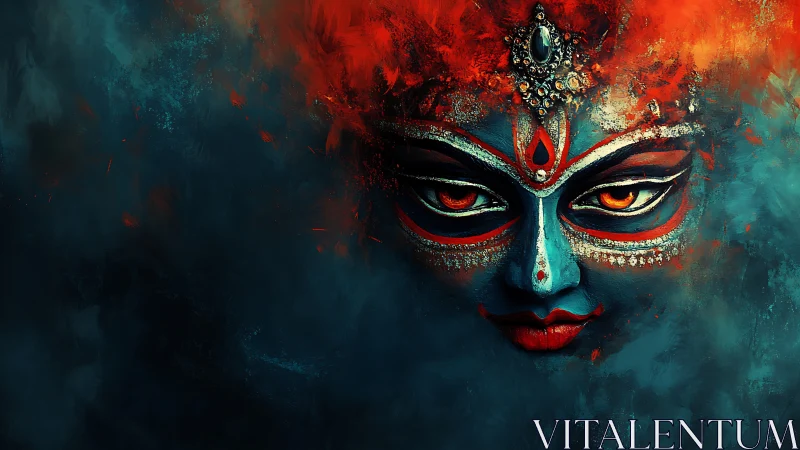 Mythic blue goddess visage in fiery teal atmospheric shroud