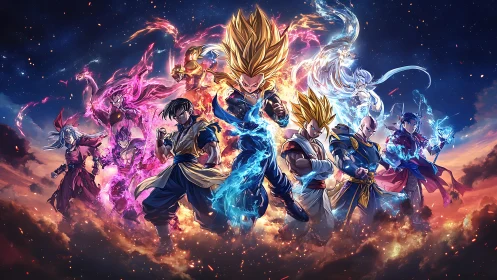 Cosmic warriors ignite the sky with elemental anime fury