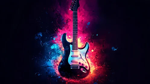 Electric guitar glows with bold neon splashes of color