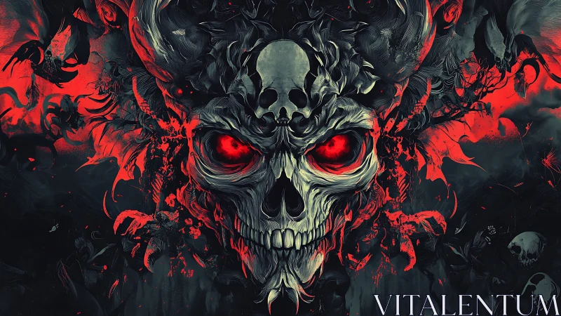 Horned skull illustration with red eyes and abstract chaos.