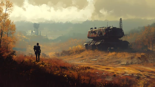 Lone wanderer crossing autumn wasteland toward rusted mech.